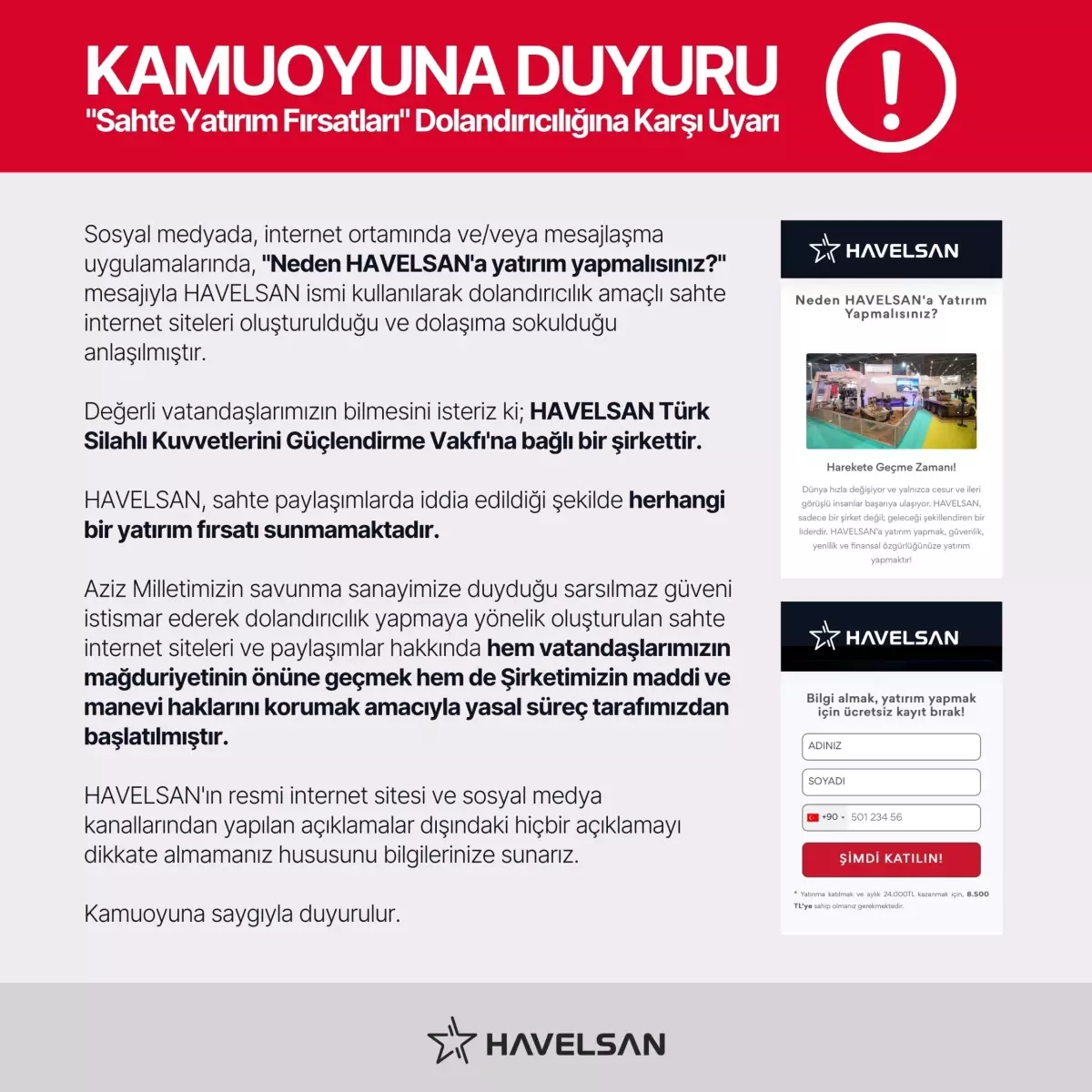 HAVELSAN’dan Sahte Yatırım Sitelerine Karşı Uyarı